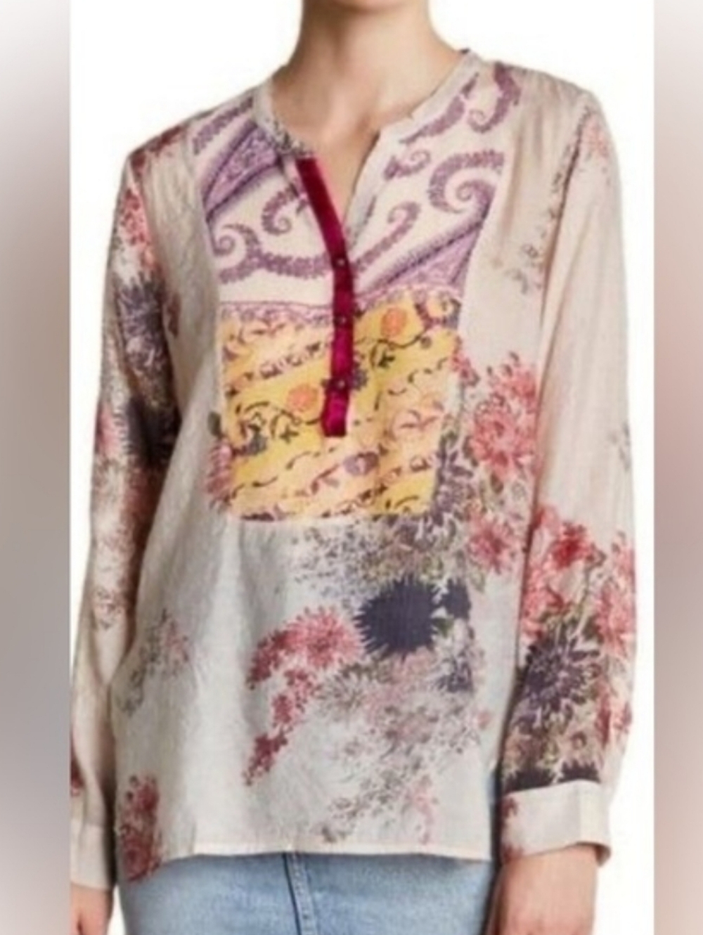 Aratta Silent Journey Anthro Paisley Patchwork Floral Velvet Trim Boho Shirt M